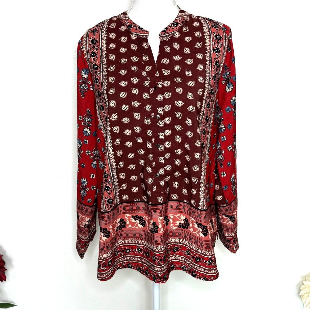 Tanzara Women's Peasant Boho Floral Pullover Blouse Tunic Size L